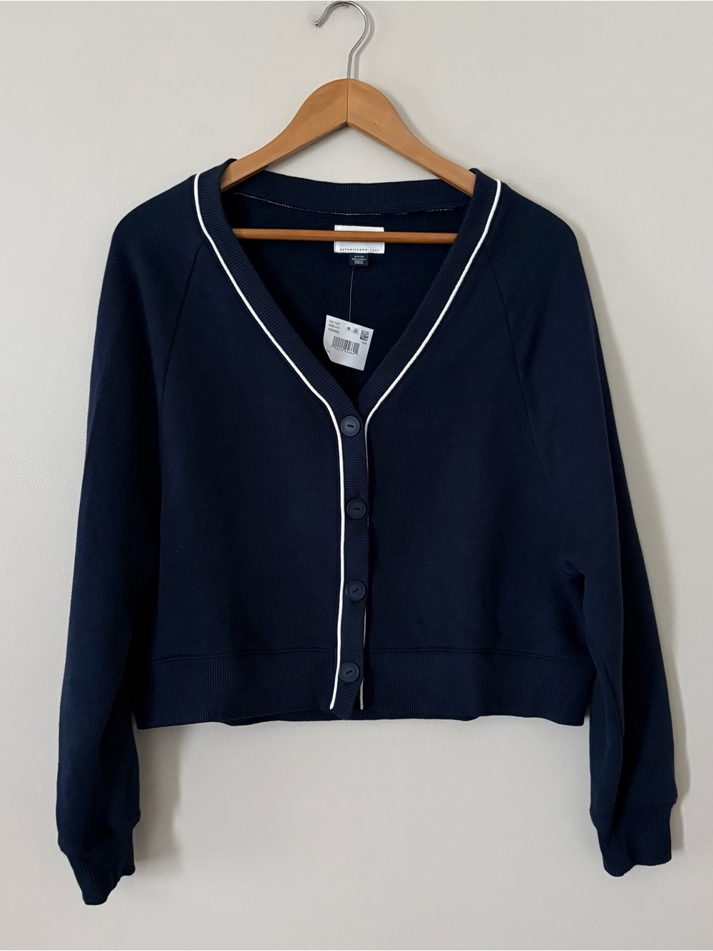 American Eagle Navy Cropped Cardigan Sweater White Trim Button Front Preppy S